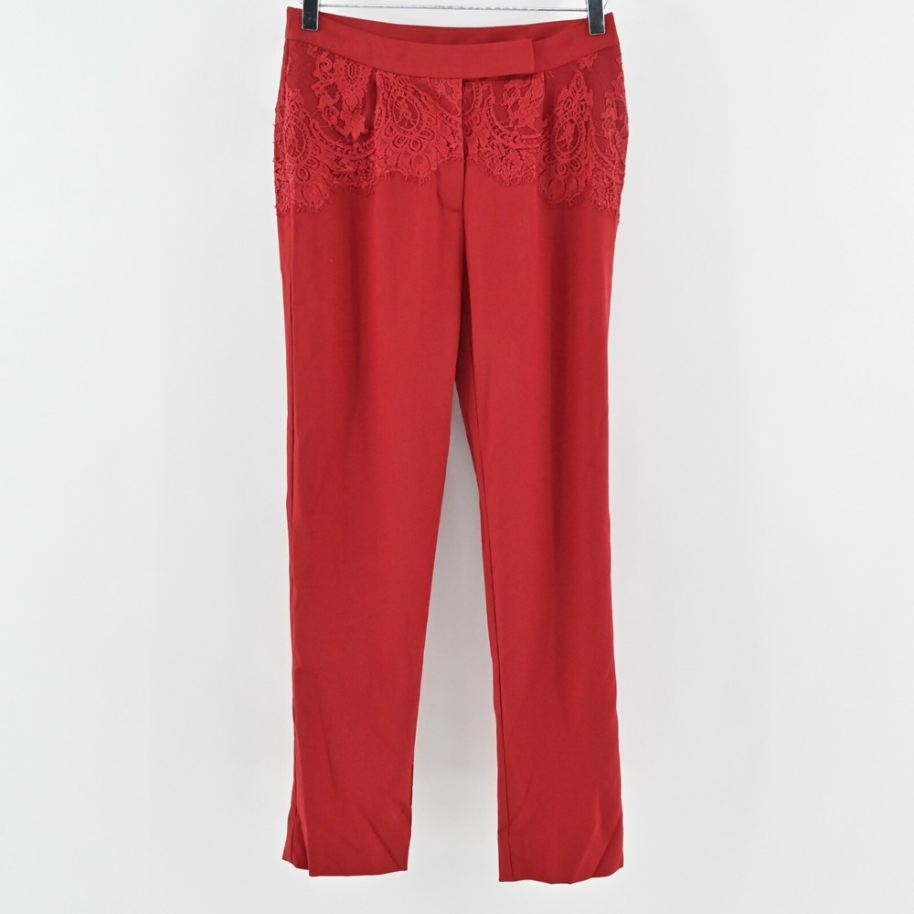 AIJEK Womens Red Pants Size S Lace Detail Straight‎ Stretch Mid Rise Trousers